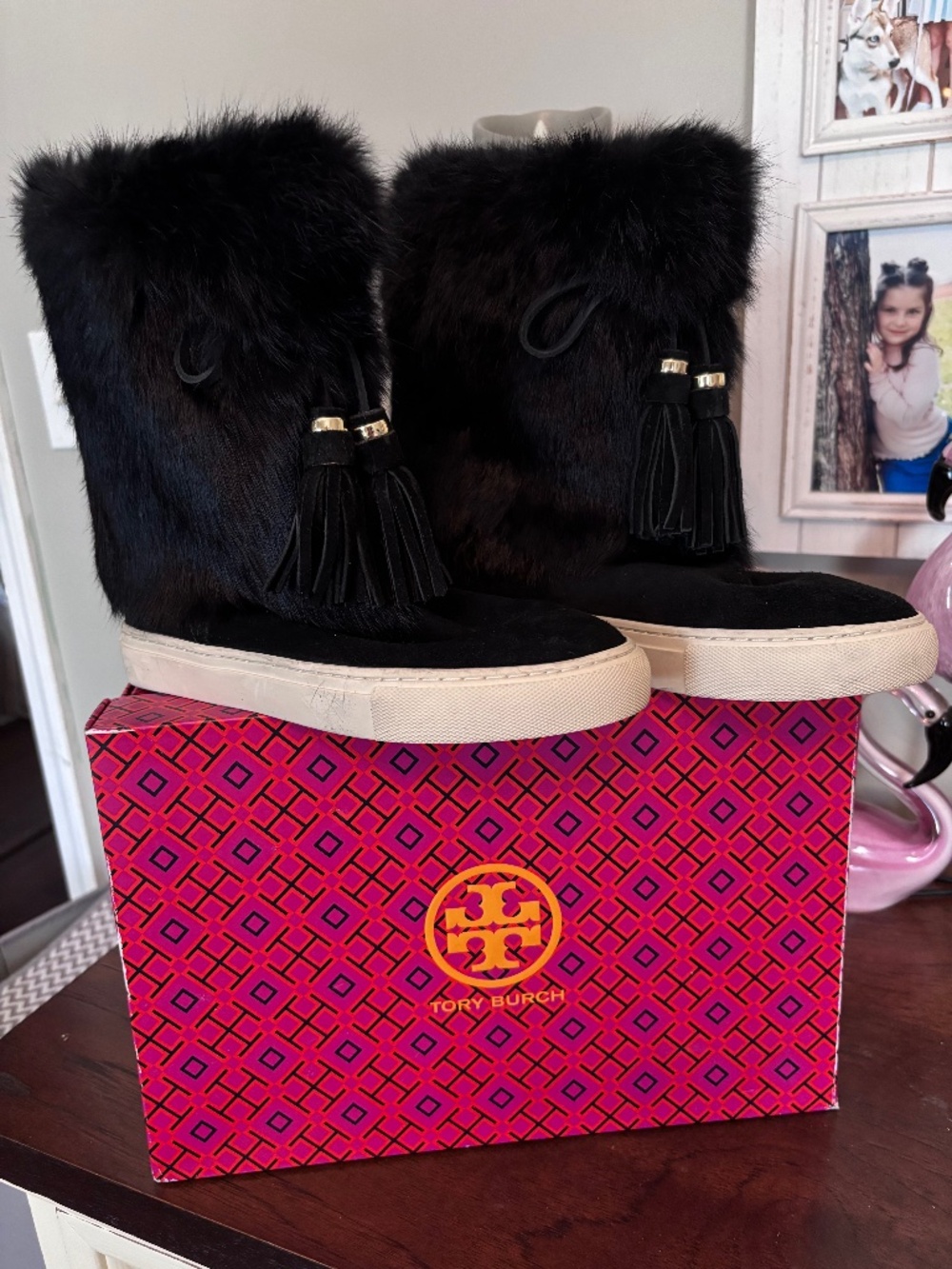 NWOT Tory Burch Anjelica Black Rabbit Fur Cuff Suede Boots